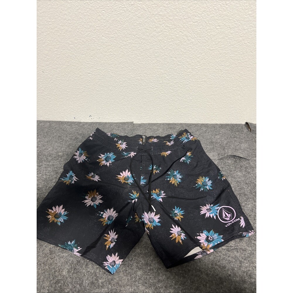 Volcom Black Floral Manic True to This Swim Trunks Shorts Boardshorts Small Mens